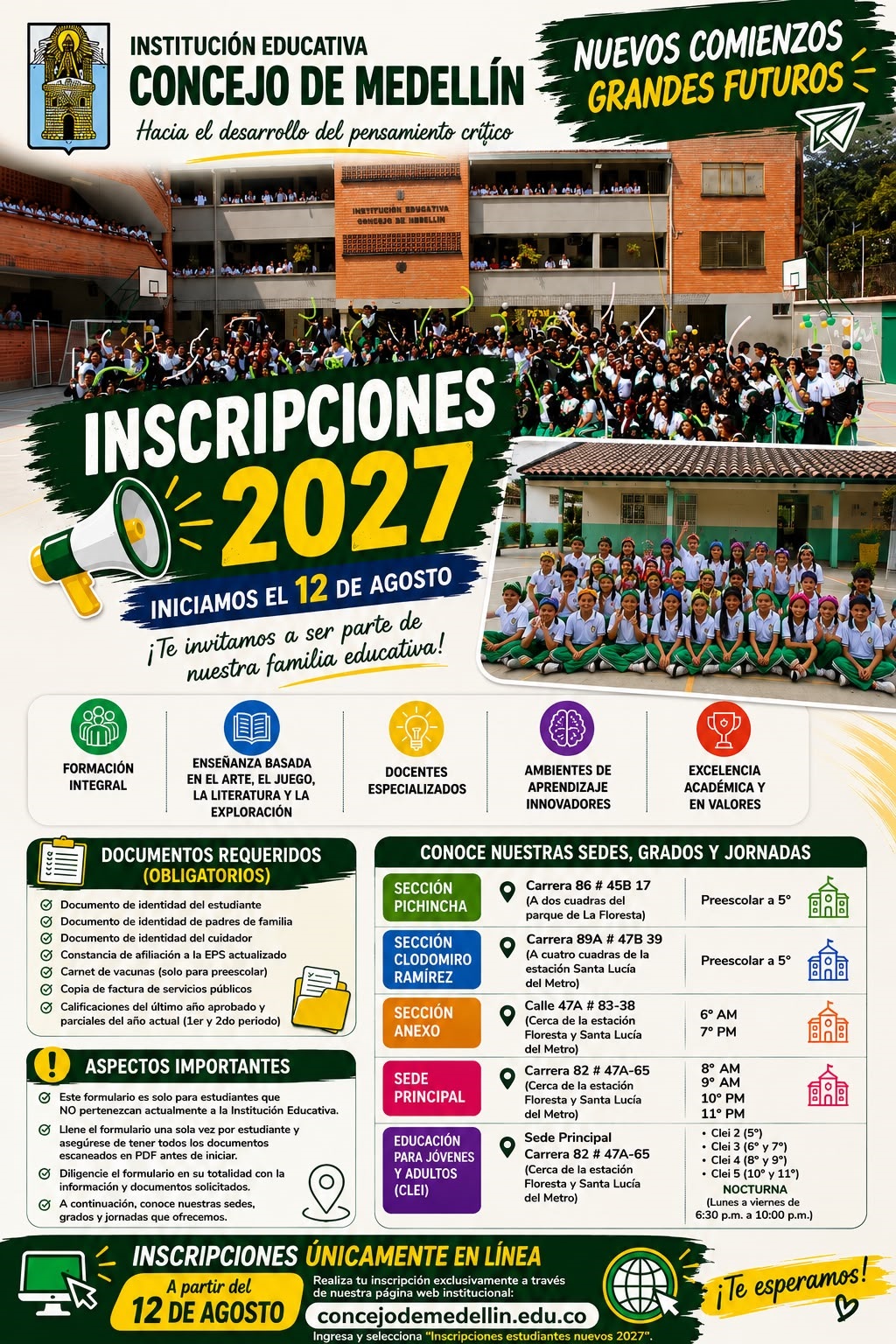 La Institución Educativa Concejo de Medellín abre sus puertas a nuevos estudiantes y familias que quieran hacer parte de nuestra comunidad educativa para el año 2027